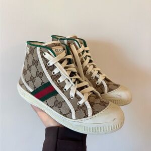 Gucci Beige Classic Monogram High-Tops with Green and Red Stripe